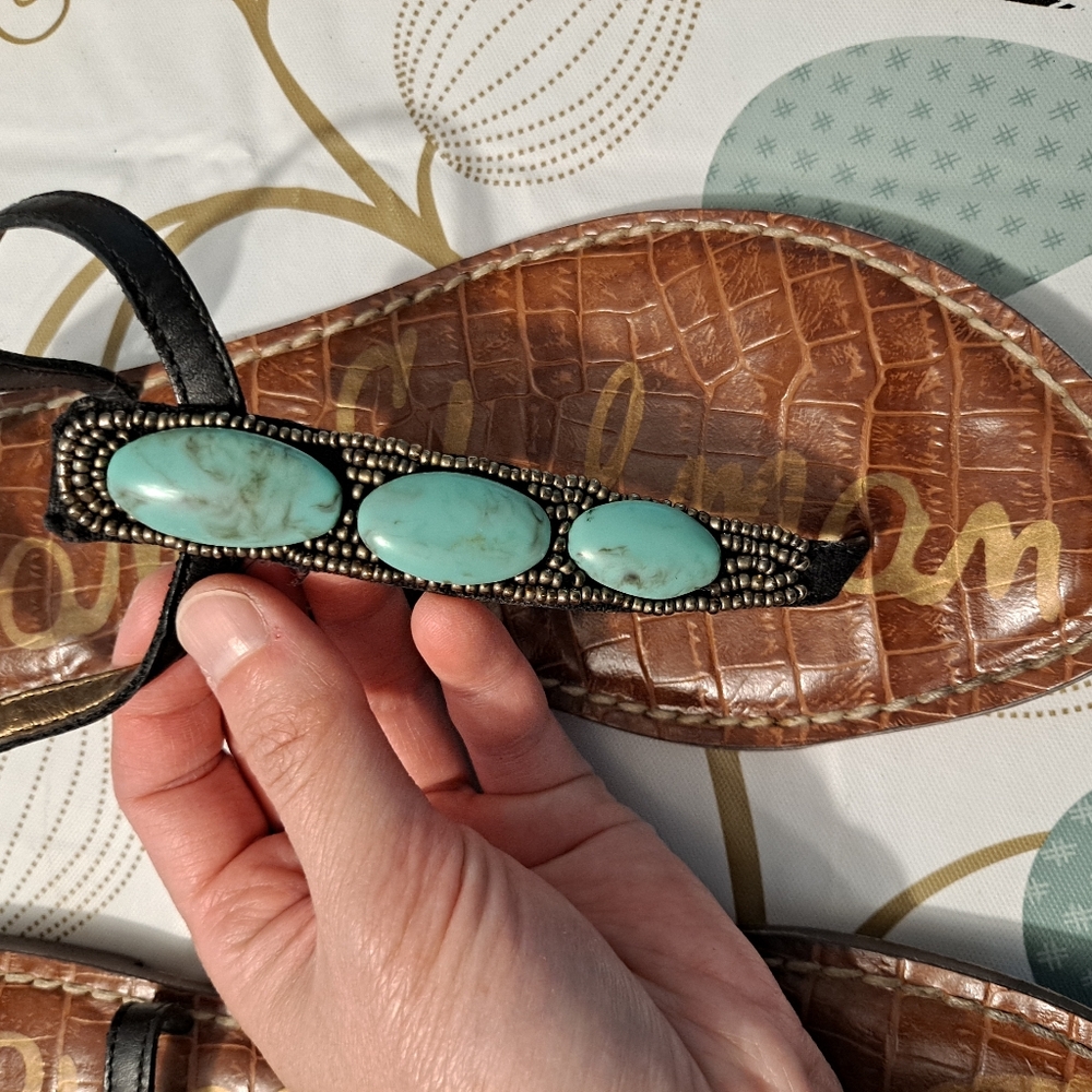 Sam Edelman Brown Leather Sandals with Turquoise Bead Accents - Picture 3 of 6